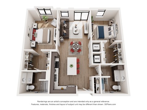 Floor plan for 2 beds, 2 baths, 1087 sqft
